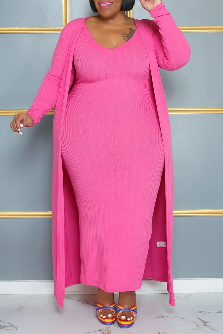 Plus Size Pink Daily V-neck Long Sleeve Two Pieces Maxi Dress Set