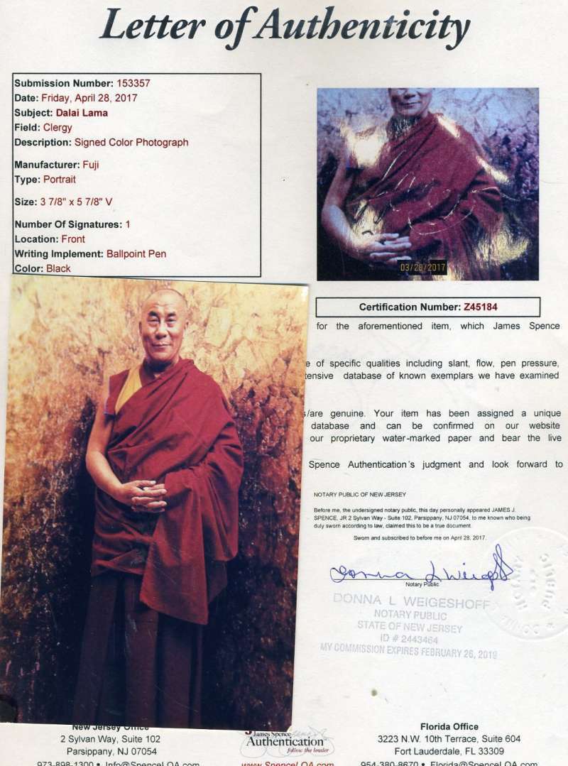 Dalai Lama Jsa Coa Hand Signed 4x6 Photo Poster painting Authenticated Autograph