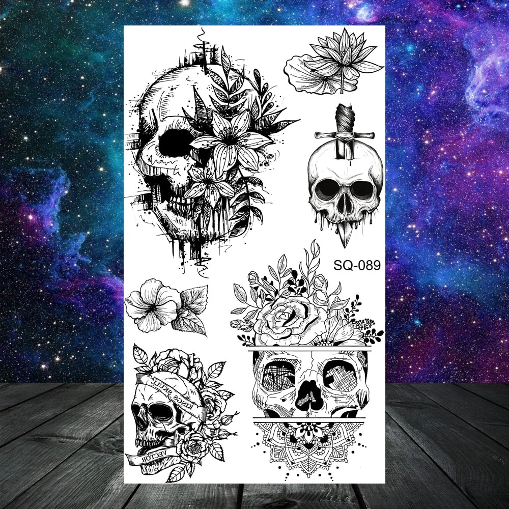 Small Skull Henna Feather Arrow Temporary Tattoos For Women Adult Kids Cross Scorpion Anchor Fake Tattoo Neck Arm Finger Tatoos