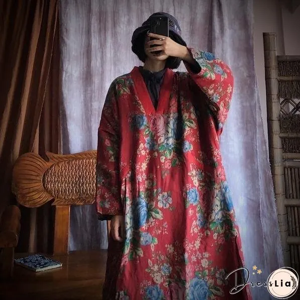 Loose Cotton Printed V Neck Padded Dress Ladies Vintage Robes Female