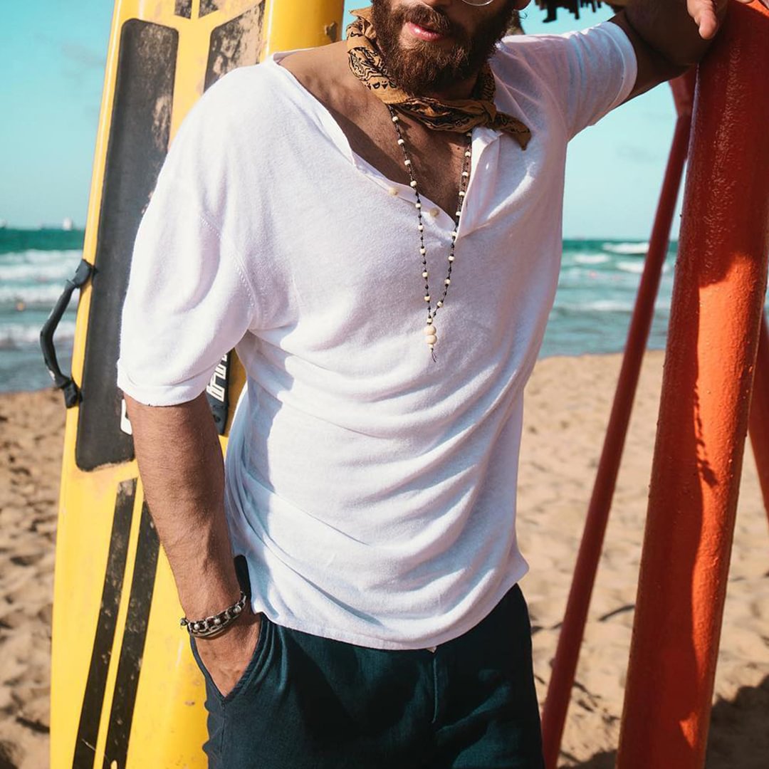 Men's Summer V-Neck Solid Color Breathable T-Shirt Seaside Beach Oversize Short Surf Sleeve T-Shirt