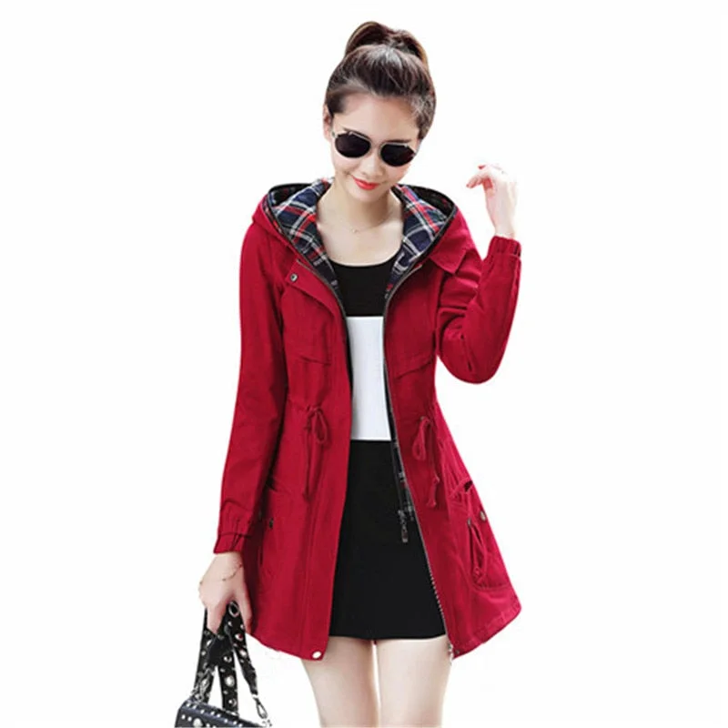 Medium Long Plus Size Trench Coat Women New 2020 Spring Autumn Hooded Zipper Loose Female Windbreaker Fake Two Pieces Outerwear