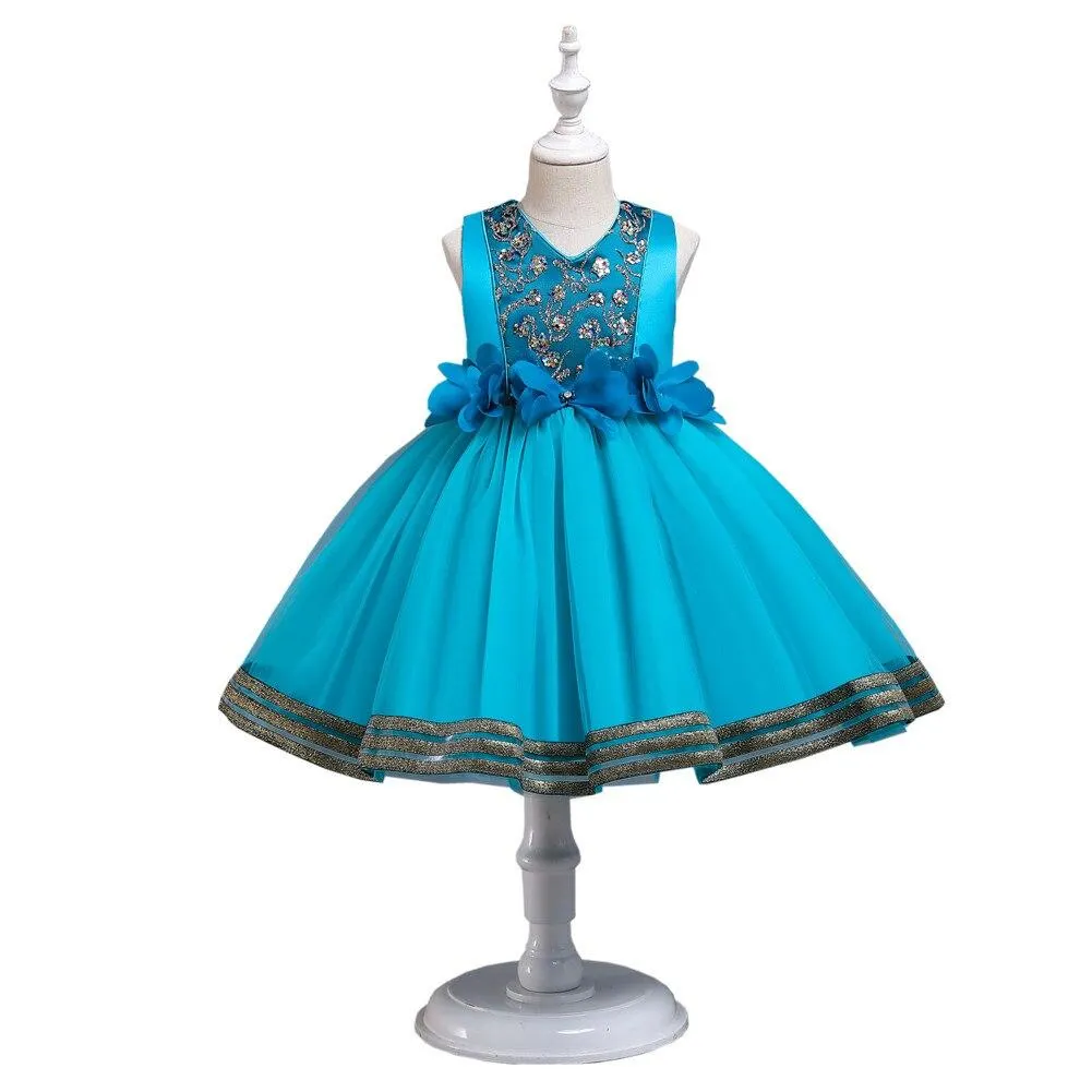 European style kids girl evening dress Bright flower girl wedding dress for 10 Y Fluffy girl red Birthday party Dress
