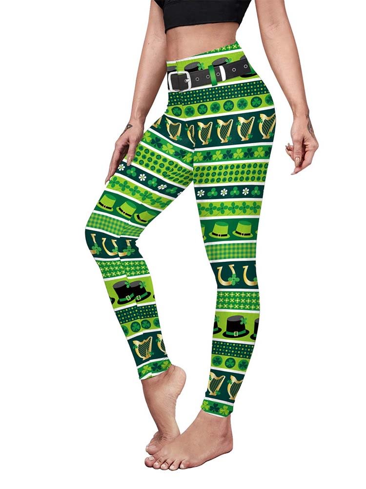 St Patricks Day Leggings Clover Print Green Leggings For Women-elleschic