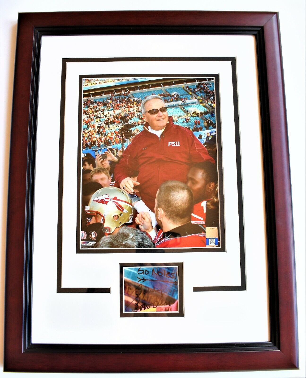 Bobby Bowden Signed Cut with FSU Seminoles Photo Poster painting in a 15x19 inch MAHOGANY FRAME