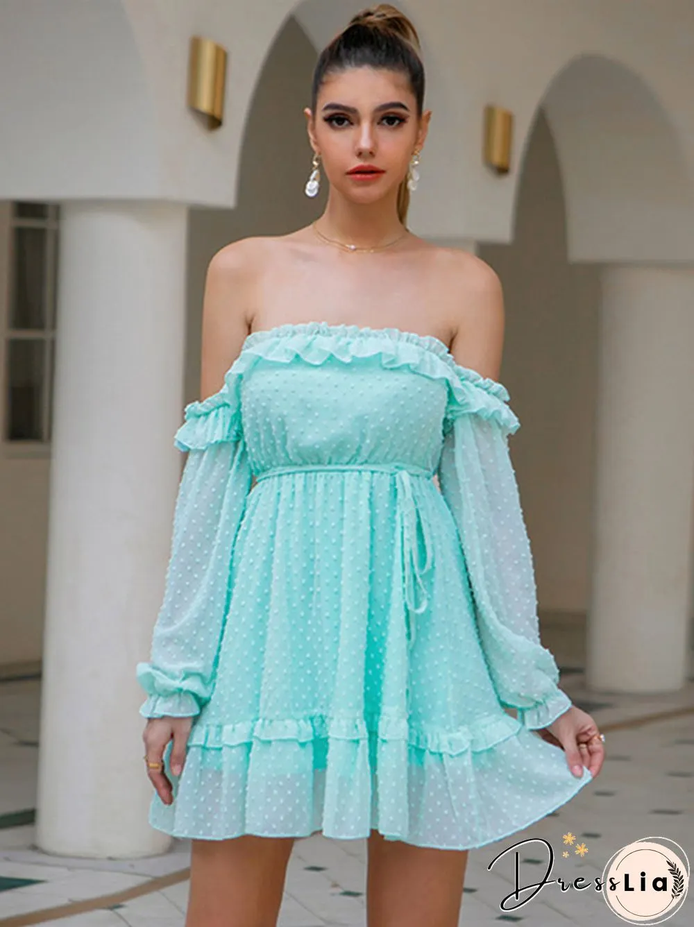Women's Spring Autumn New Sexy Off Shoulder One Line Collar A-Line Dress