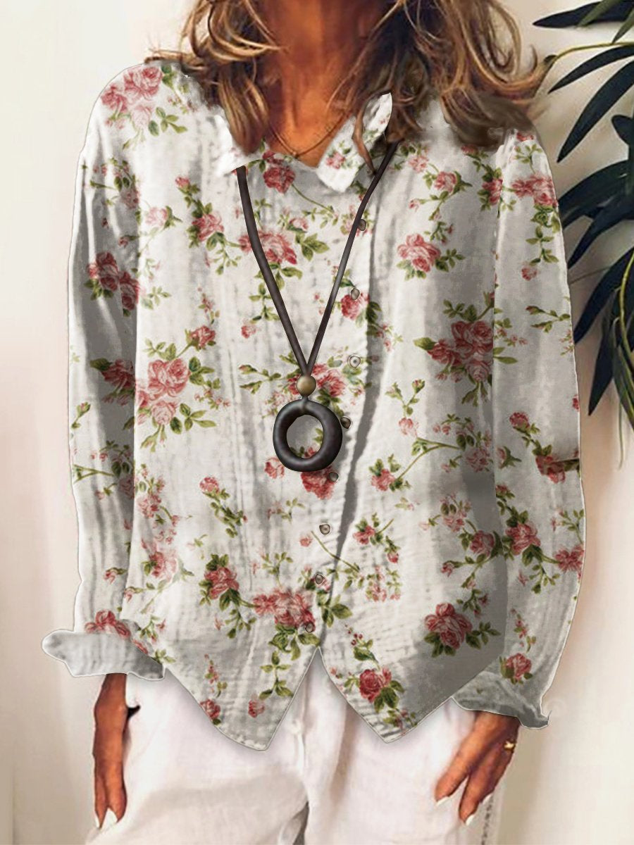 Women's Flower Art Print Cotton & Linen  Casual Long  Shirt
