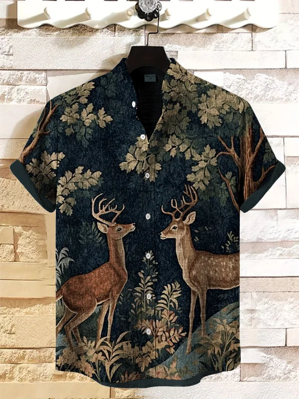 Men's Forest Deer Folk Art Print Linen Blend Shirt