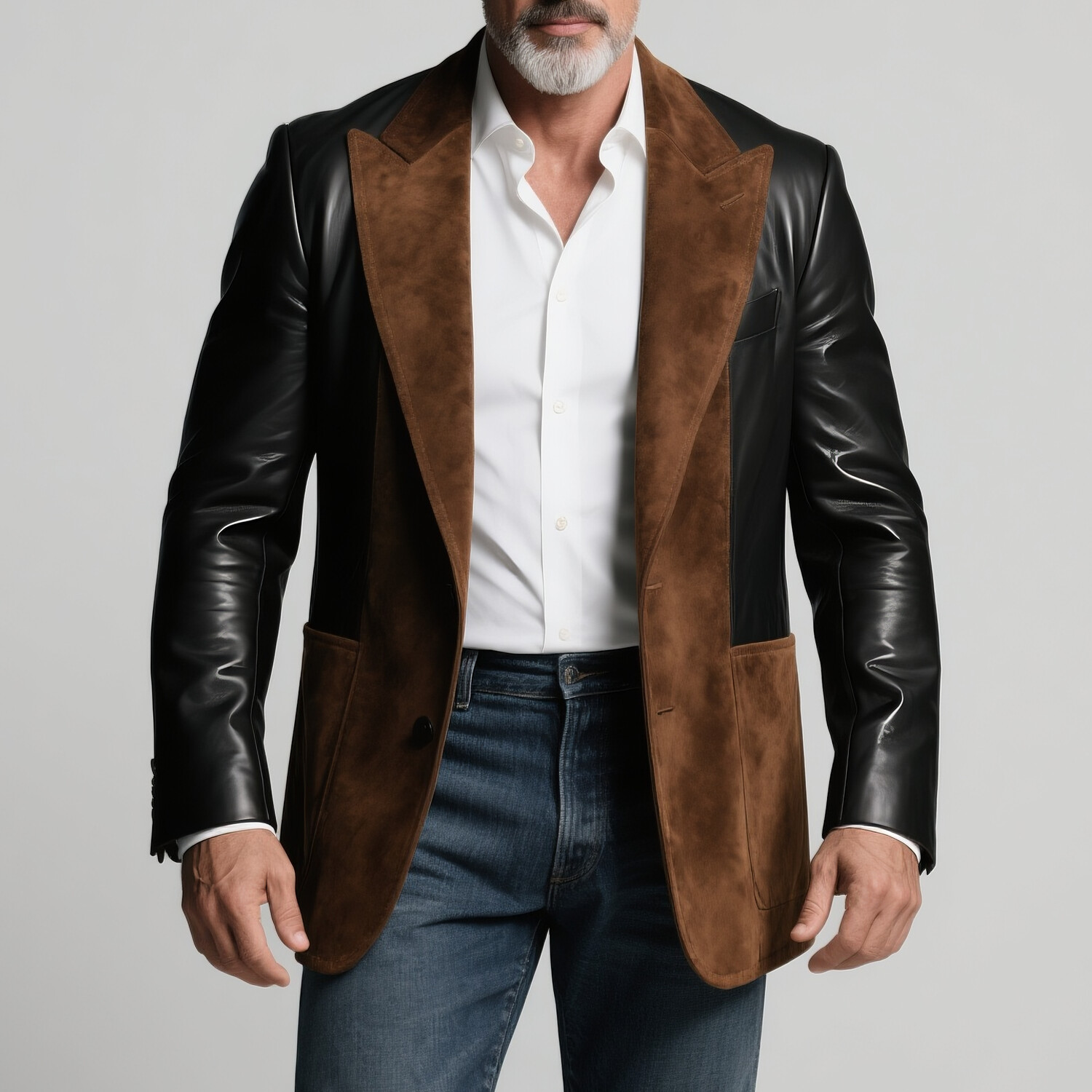 Men's Suede Patchwork PU Leather Peaked Lapel Single Breasted Blazer