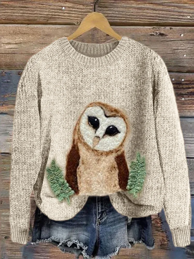 VChics Forest Owl Felt Art Cozy Knit Sweater