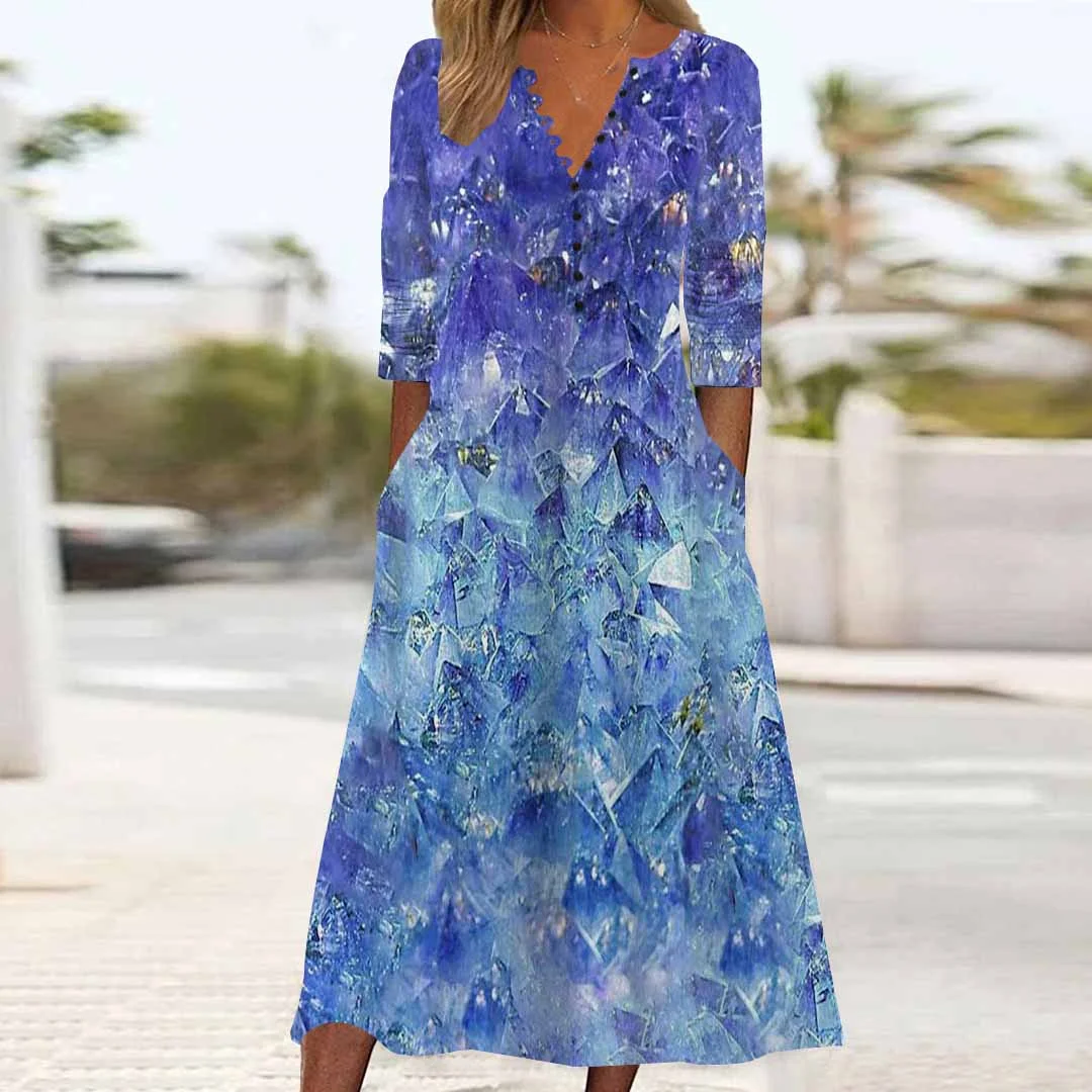 Women Graphic,Blue DZHB8378 Long Sleeve V-Neck Graphic Printed Midi Dress