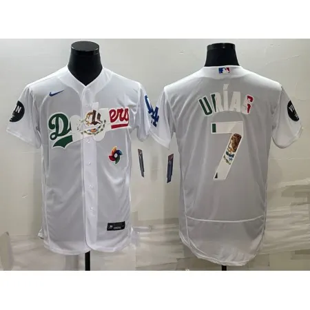 Men's Los Angeles Dodgers #7 Julio Urias White With Vin Scully Patch Flex Base Stitched Baseball Jersey 5PSP