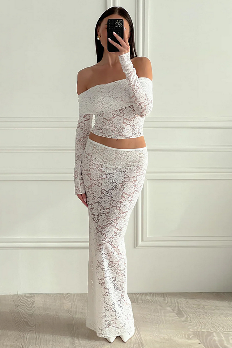 Floral Lace Off Shoulder Long Sleeve Crop Top Maxi Skirt Matching Set-White
