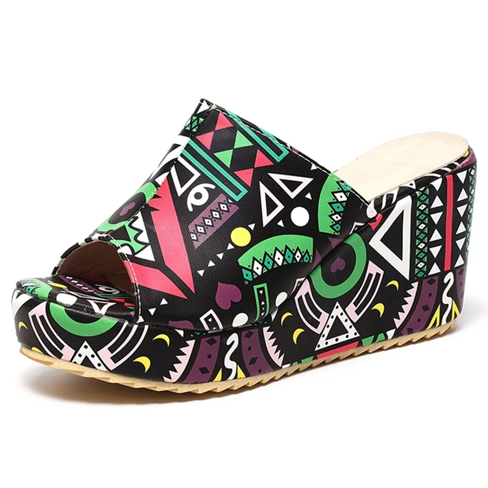 BONJOMARISA 2020 New Unique Geometric Platform Fashion High Heel Wedges Slippers Women Cool Colorful Summer Shoes Woman