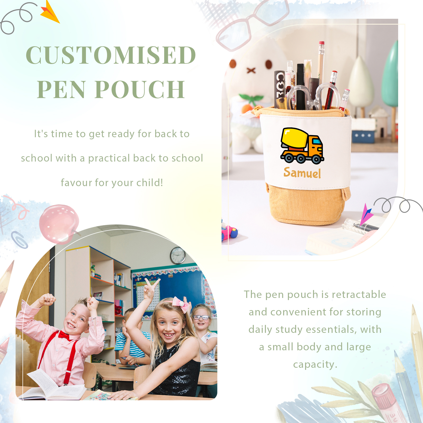 Astuccio per matite personalizzato con 1 nome e 1 veicolo da costruzione regalo per scuola elementare bambini