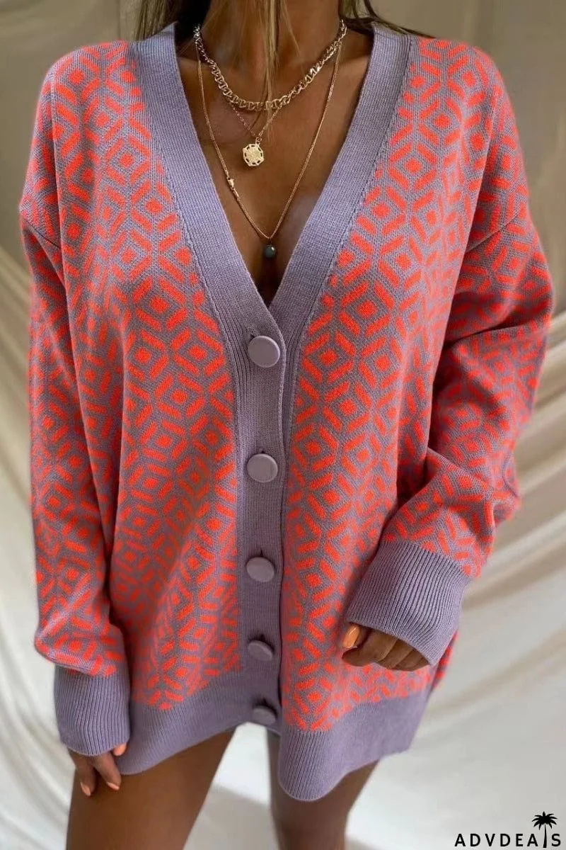 Argyle Color Block Button Cardigan