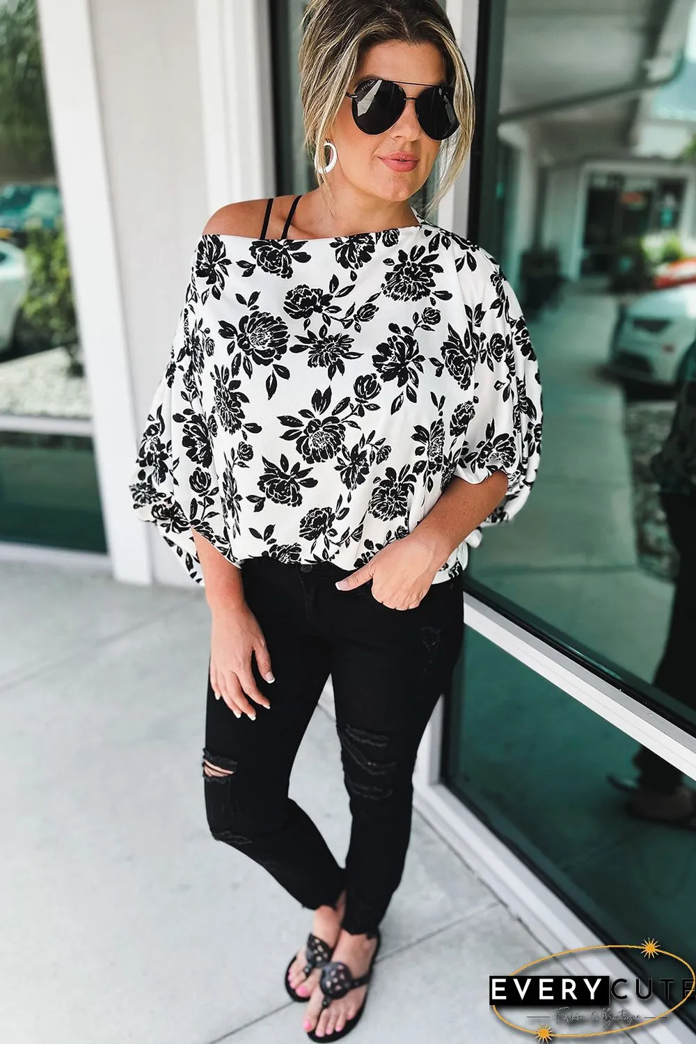 White Opposites Attract Boat Neck Floral Dolman Sleeve Top