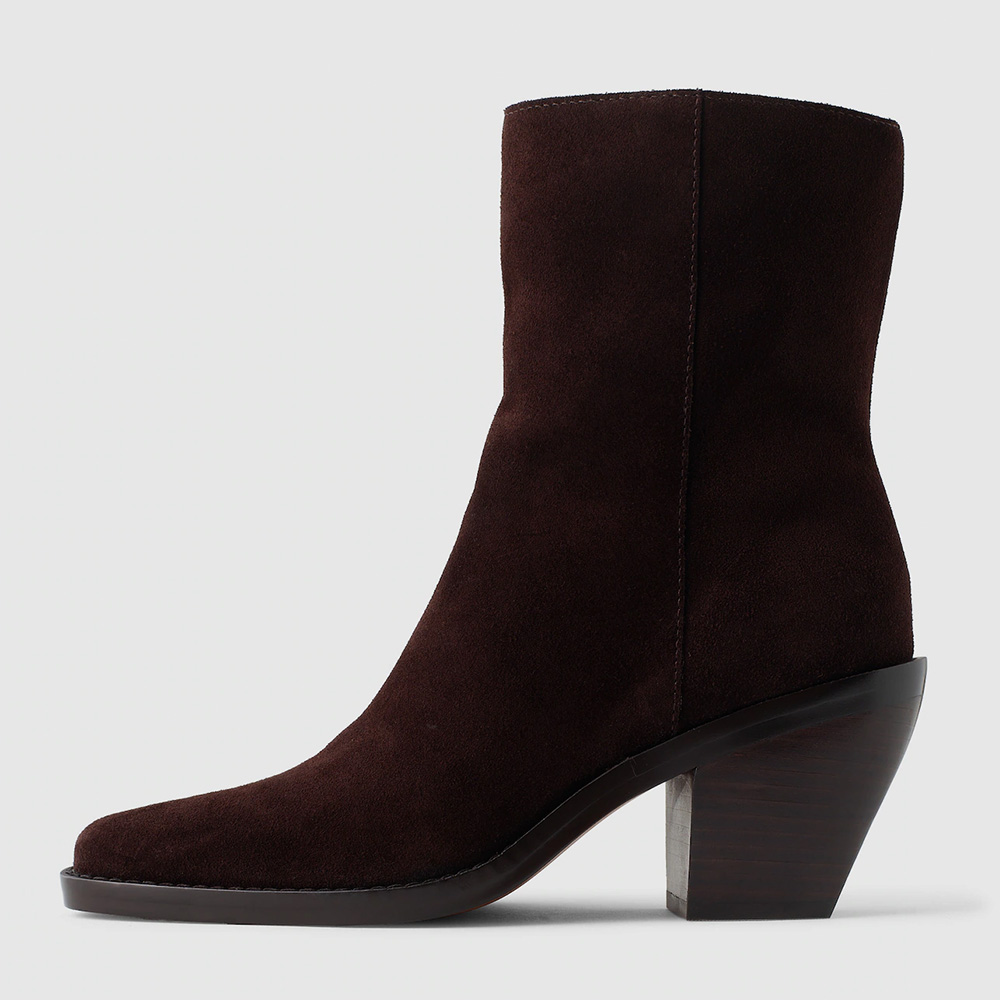 Dark Brown Vegan Suede Chunky Heel Side Zipper Short Booties Nicepairs