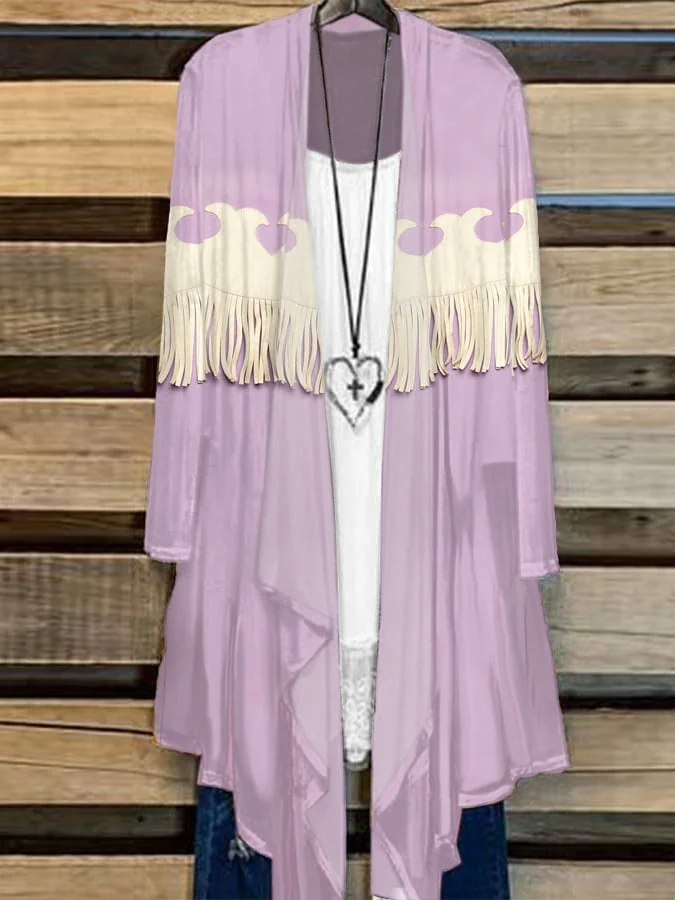 Women'S Western Fringe Vintage Art Print Cardigan