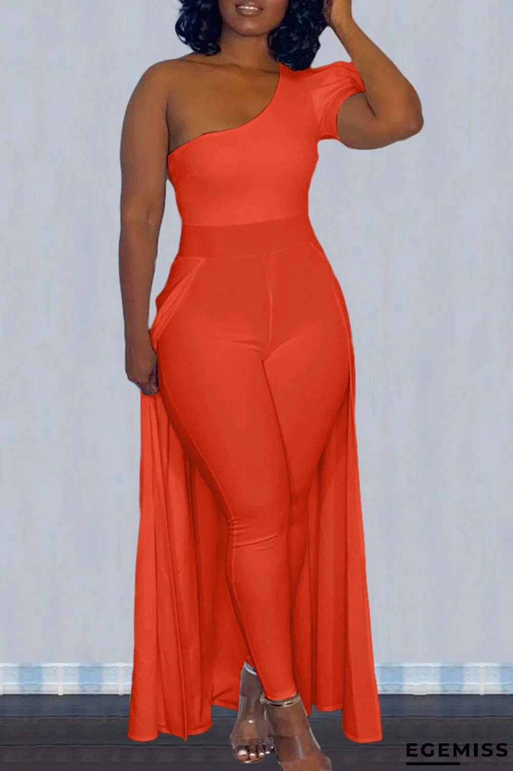 Tangerine Casual Solid Patchwork Asymmetrical Oblique Collar Skinny Jumpsuits | EGEMISS