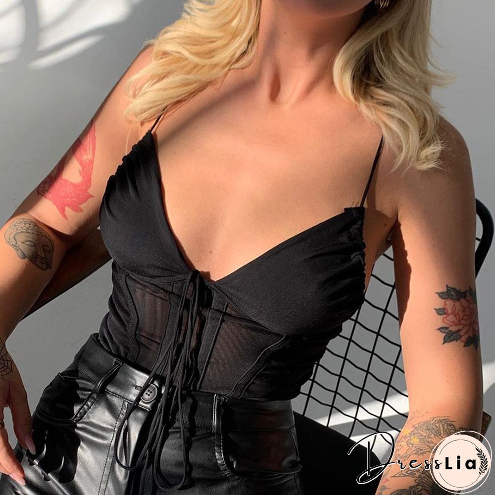 Sexy V-Neck Stitching See-Through Backless Strap Tube Top European And American Women's Clothing New Spring And Summer Fashion