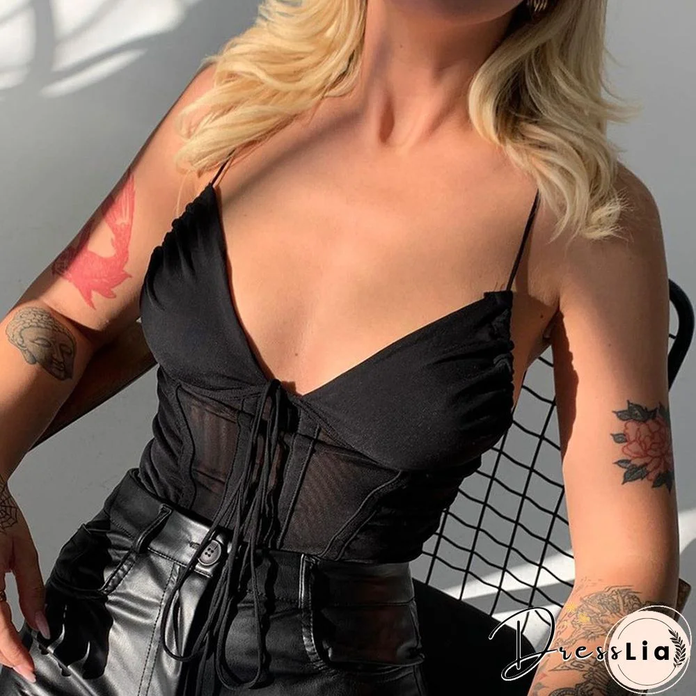 Sexy V-Neck Stitching See-Through Backless Strap Tube Top European And American Women's Clothing New Spring And Summer Fashion