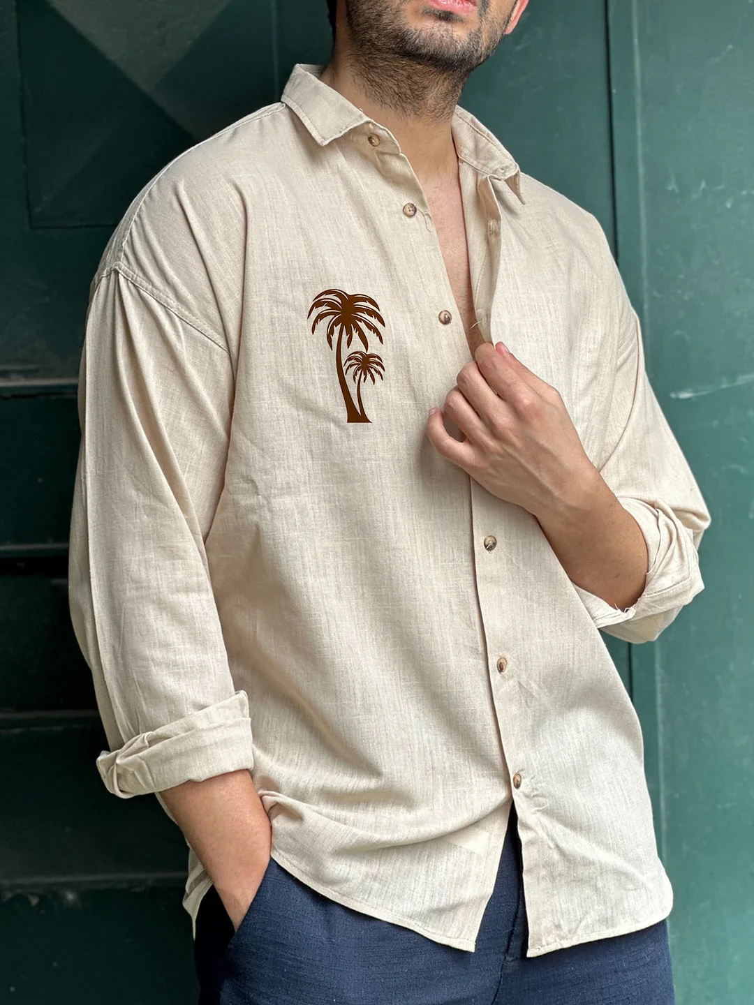 Suitmens Coconut Tree Print Long Sleeve Casual Shirt