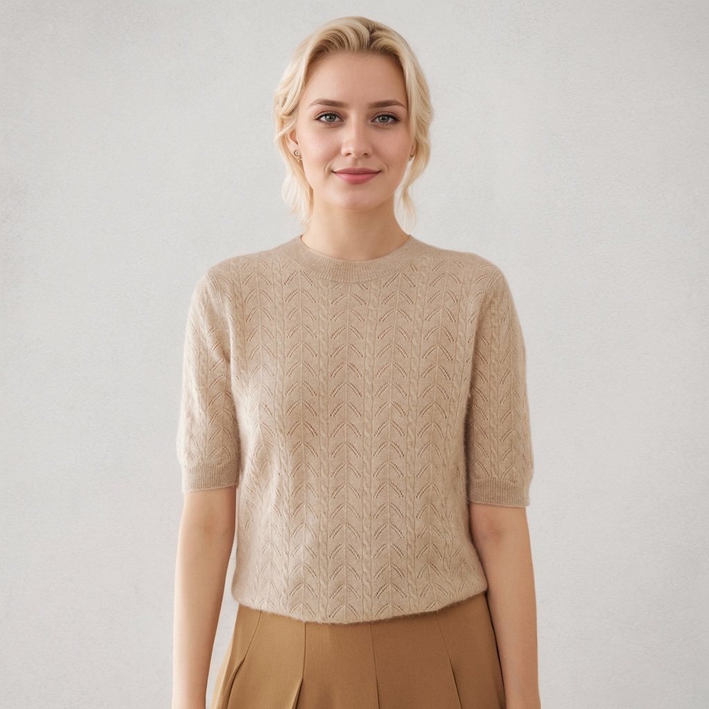 Pull en cachemire jacquard à manches courtes pour femme- SOIE PLUS