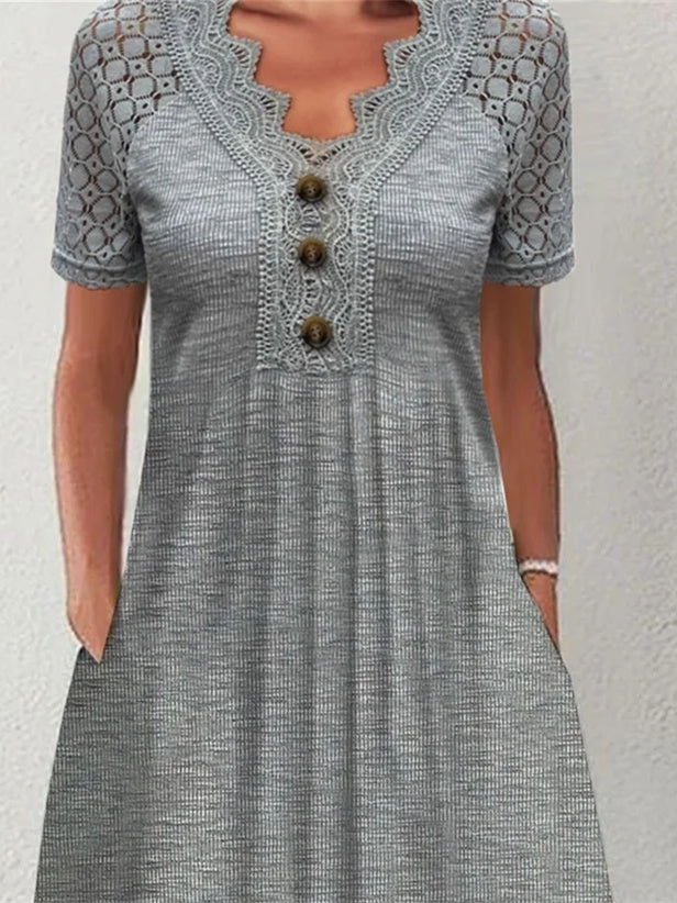 Women Half Sleeve V-neck Solid Color Dress