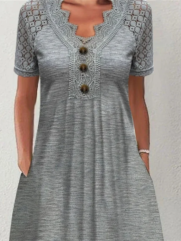 Women Half Sleeve V-neck Solid Color Dress