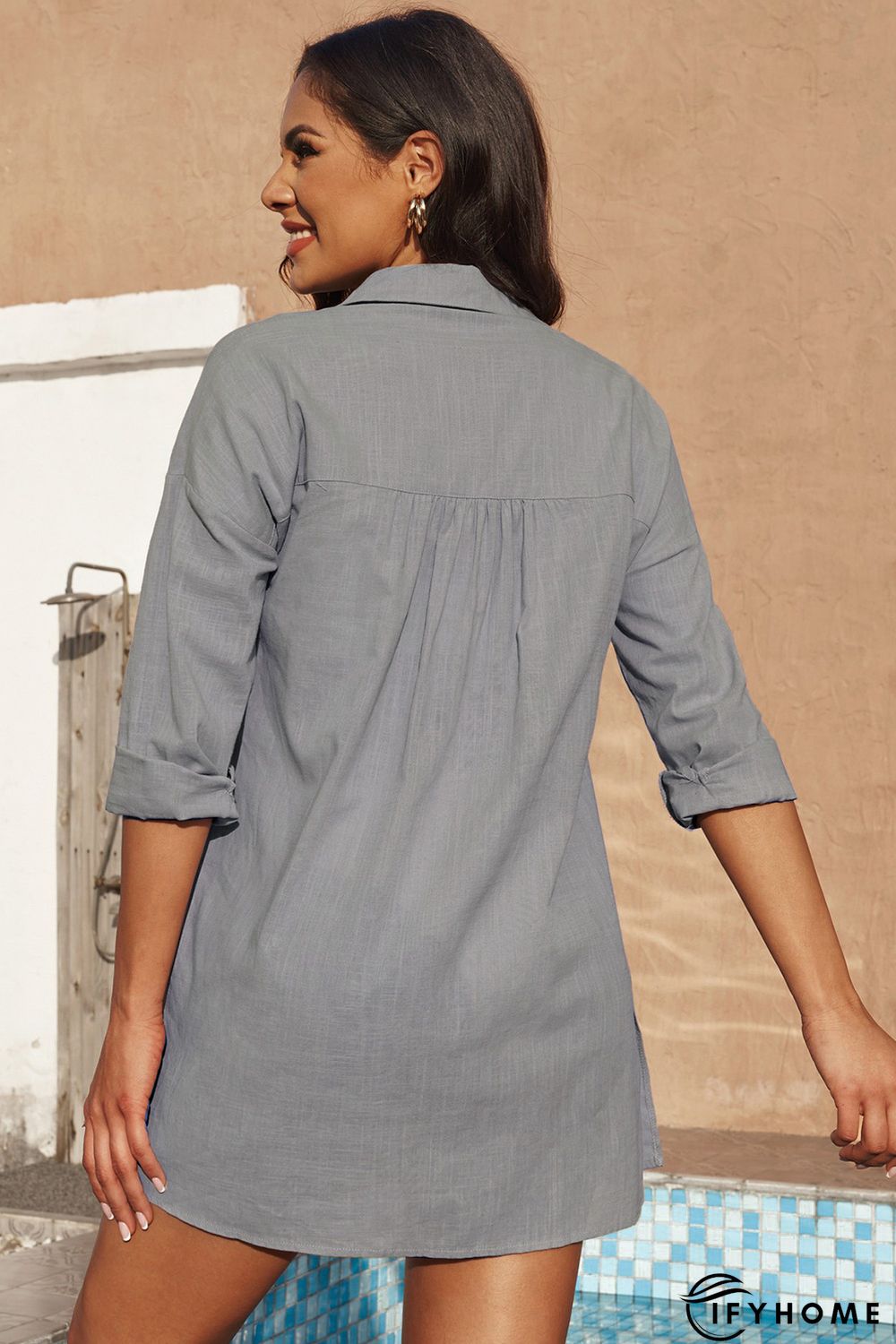 Gray Lightweight Shirt Style Beach Cover Up | IFYHOME