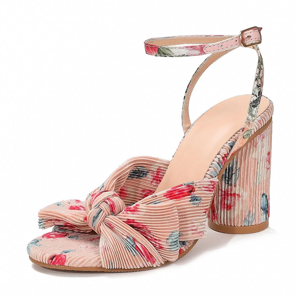 Women Sandals New Brand Summer Shoes Pleated Bow-Knot Round Heels Open Toe Dress Shoes Big Size Party Wedding Shoes