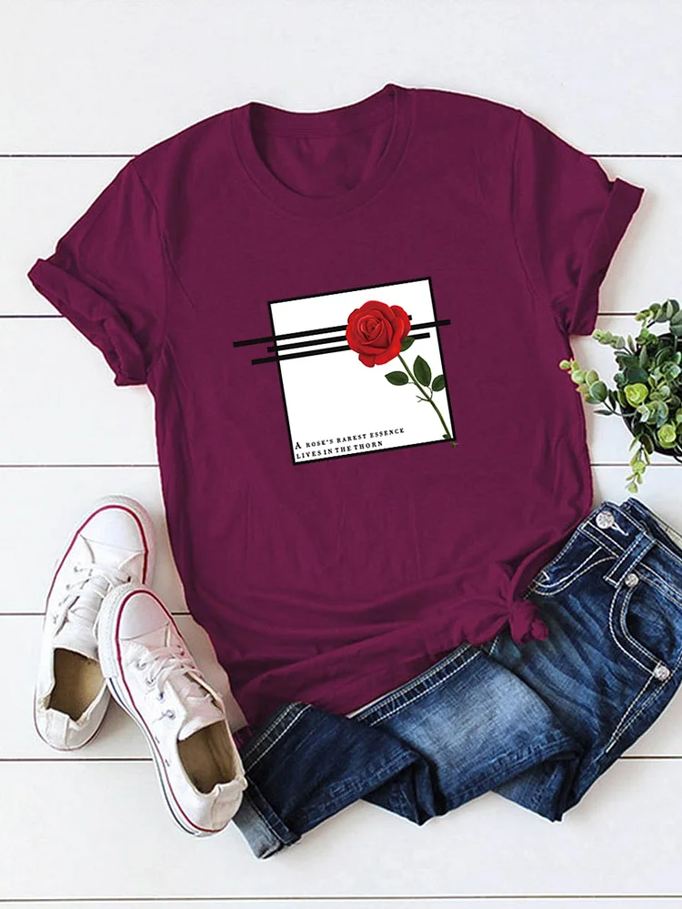 Bestdealfriday Red Rose Print Round Neck Cotton T-Shirt 9741585