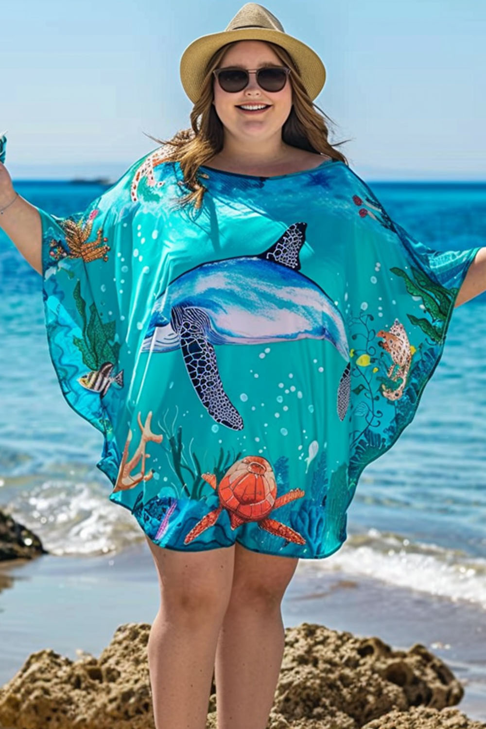 Flycurvy Plus Size Vacation Blue Marine Animal Print Cape Cover Up 2024 - Flycurvy 