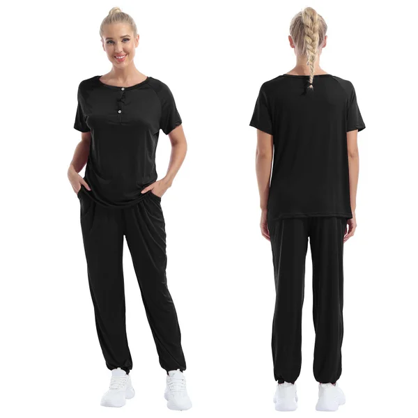 #S-Xl Women’S Solid Color Two Piece Outfit Short Sleeve Button Up Pullover Tops And Long Pants Sweatsuits Tracksuits