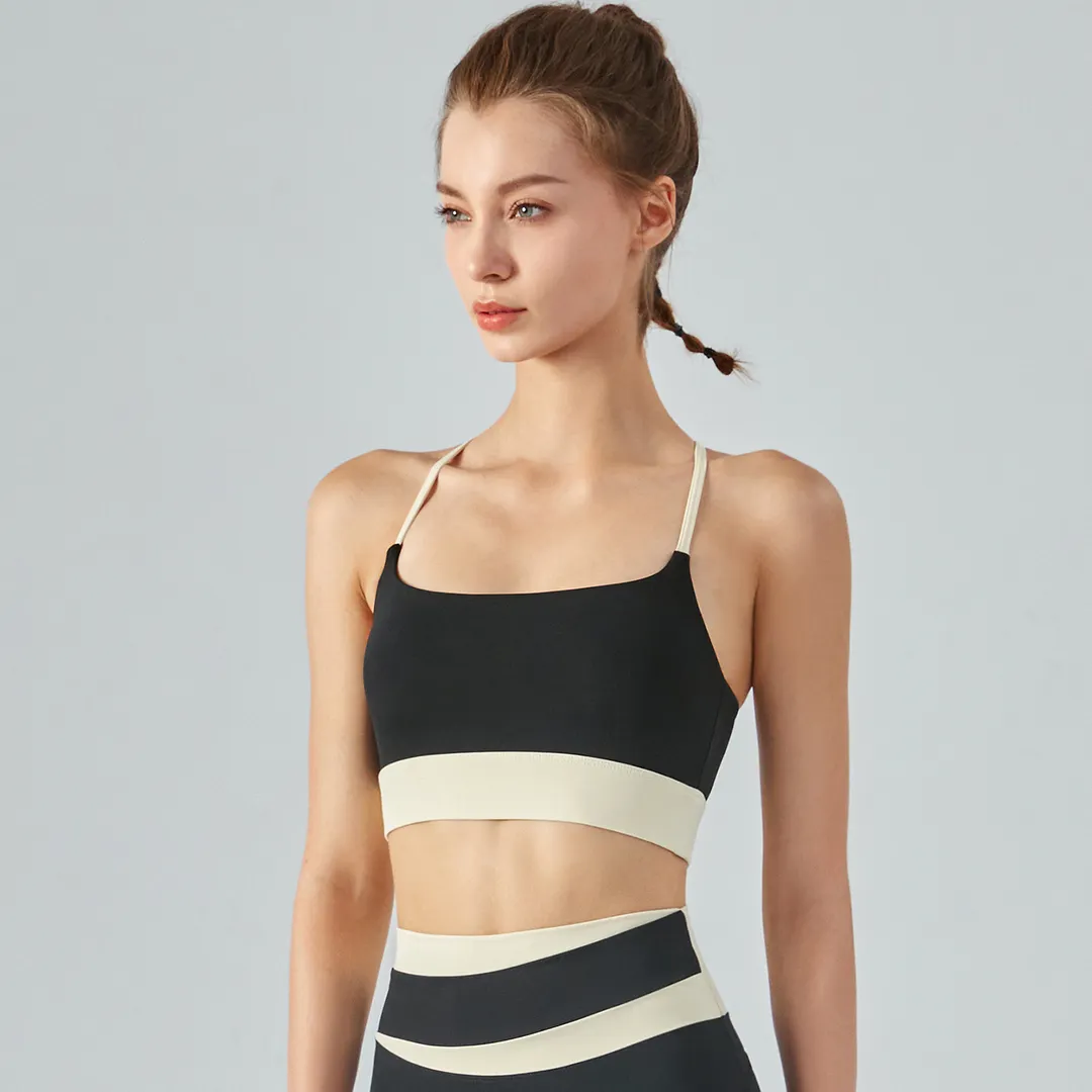 Buy Hergymclothing Black women's shockproof thin straps contrast stitch yoga bra with high support online