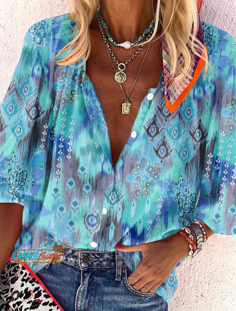 Women’s Blouse Graphic Elegant Fashion Long Sleeve Basic Standing Collar Shirt Blue / S