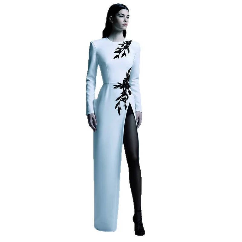 Nigikala Nigikala Star Temperament Dress Embroidered Nails Flowers Long Sleeve Open Fork Long Dress