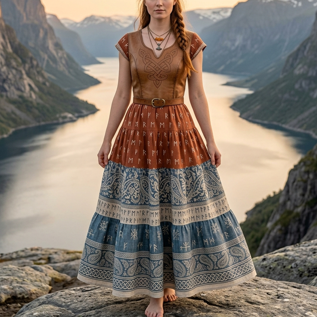 Cotton Linen Viking-Inspired Boho Maxi Dress with Nordic Symbols and Fringed Hem