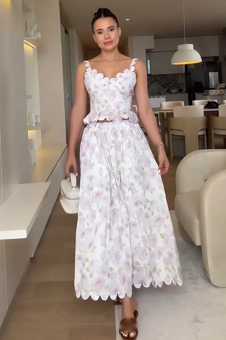 Floral Print Scalloped Trim Cami Midi Skirt 2pcs Set-White [Pre Order]
