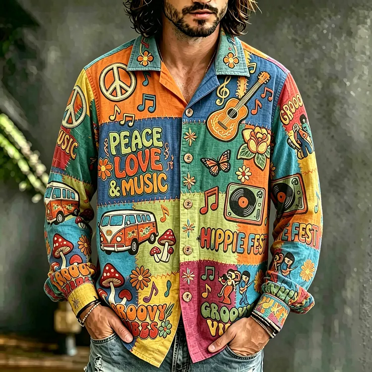 Men's Retro Hippie Style Printed Casual Cotton Linen Long-sleeve Shirt