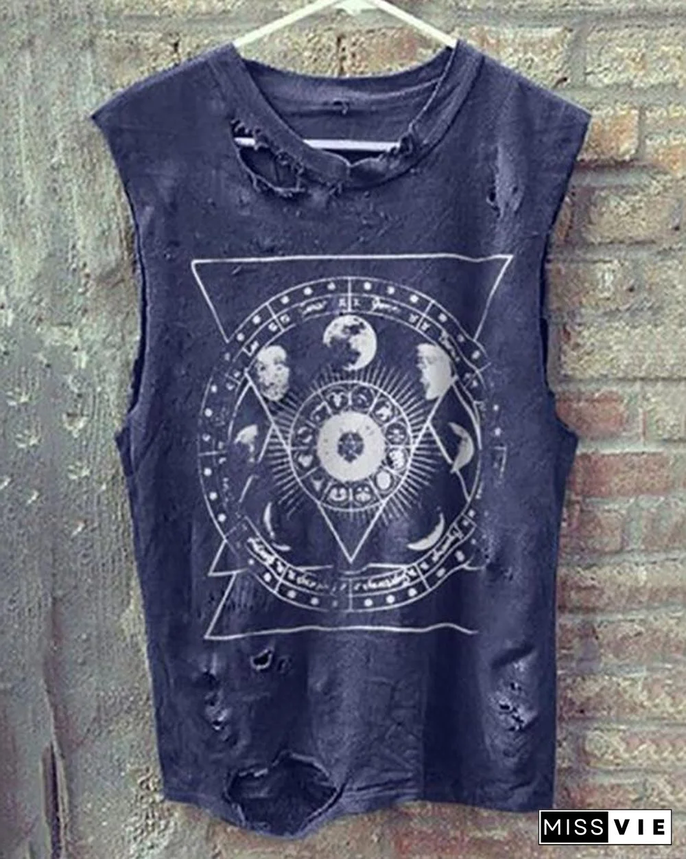 Vintage Round Neck Sleeveless Broken Holes T-Shirt