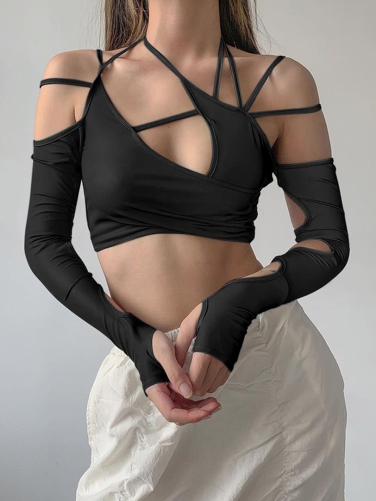Goth Dark Cyber Y2K Techwear Punk Women Halter Tops Gothic Egirl Patchwork Long Sleeve Crop Top Sexy Cut Out Casual T Shirts