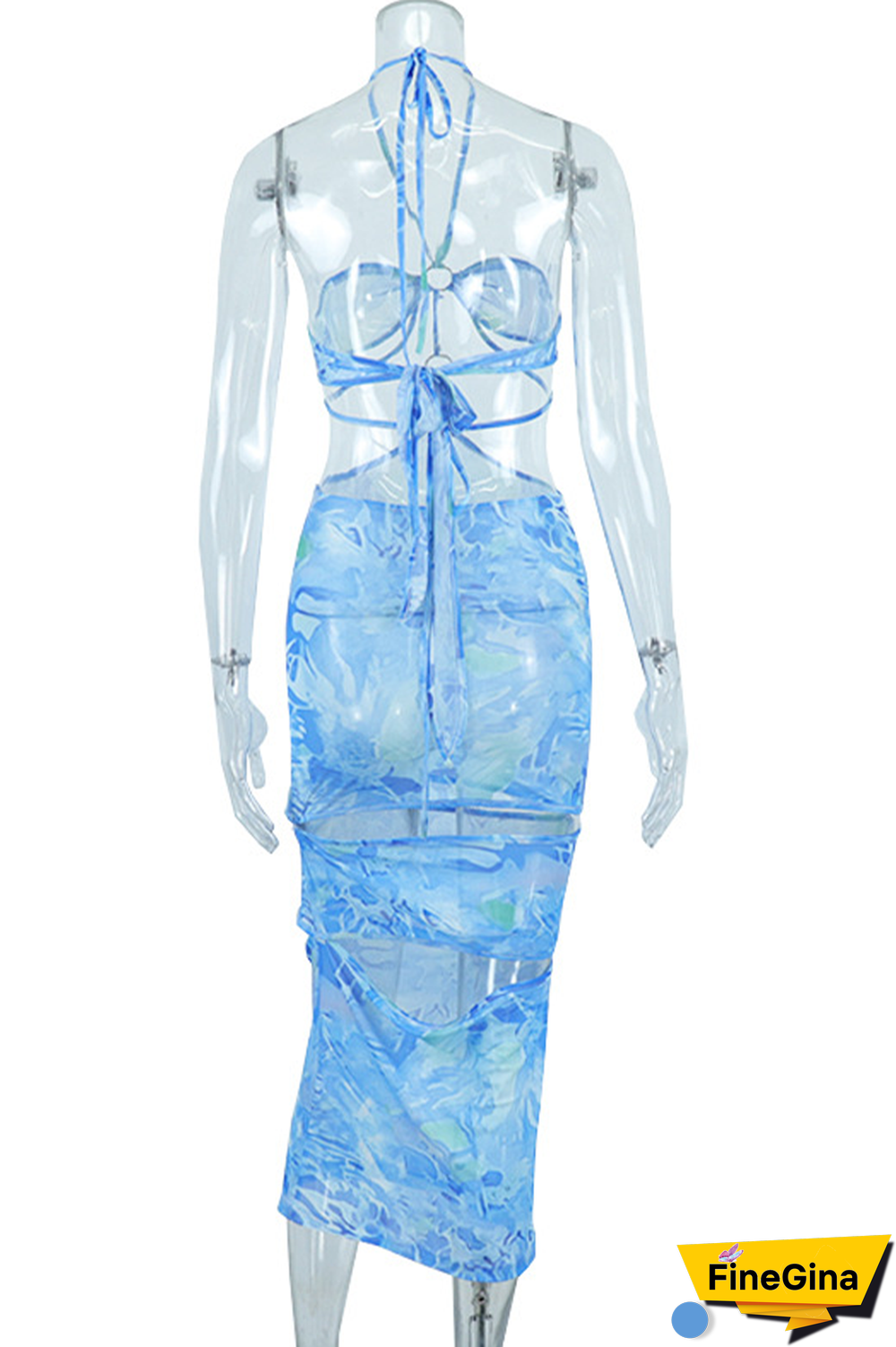 Sky Blue Sexy Print Hollowed Out Halter Pencil Skirt Dresses