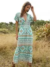 Ethnic Printed Short Sleeve Deep V-Neck Maxi Dress