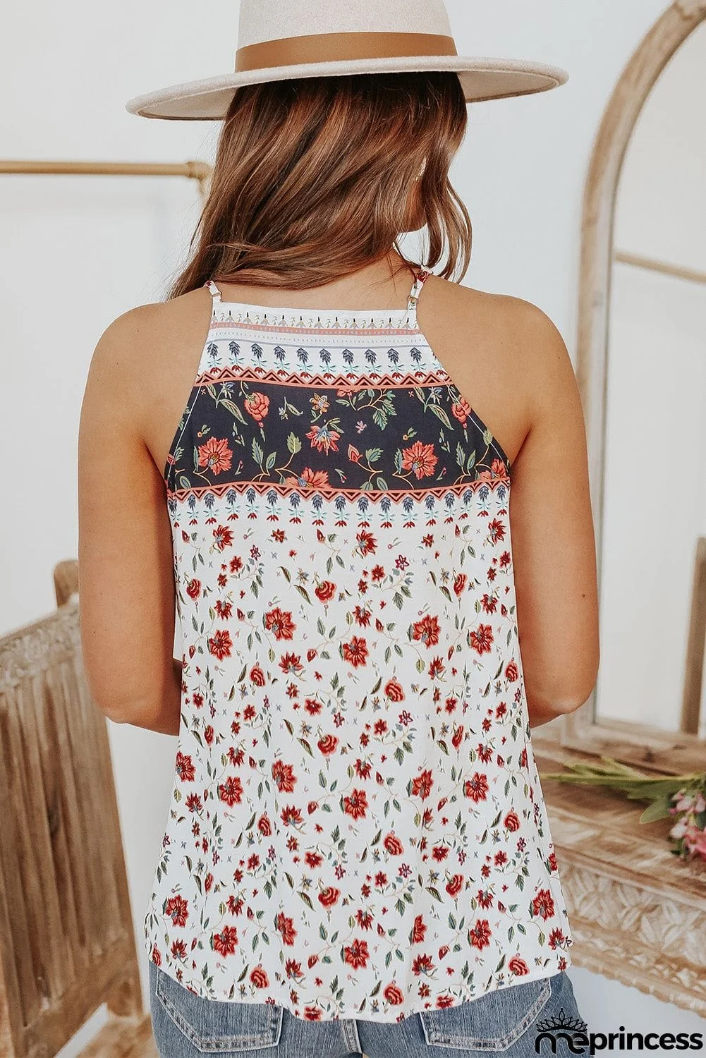 Smocked Frilled Boho Floral Print Halter Tank Top
