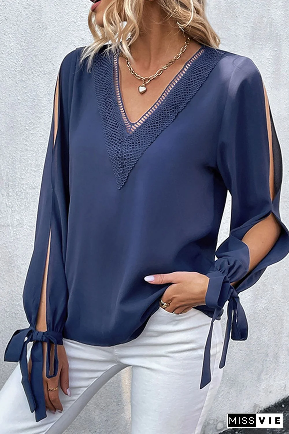 Dark Blue V Neck Lace Hollow Out Long Sleeves Blouse