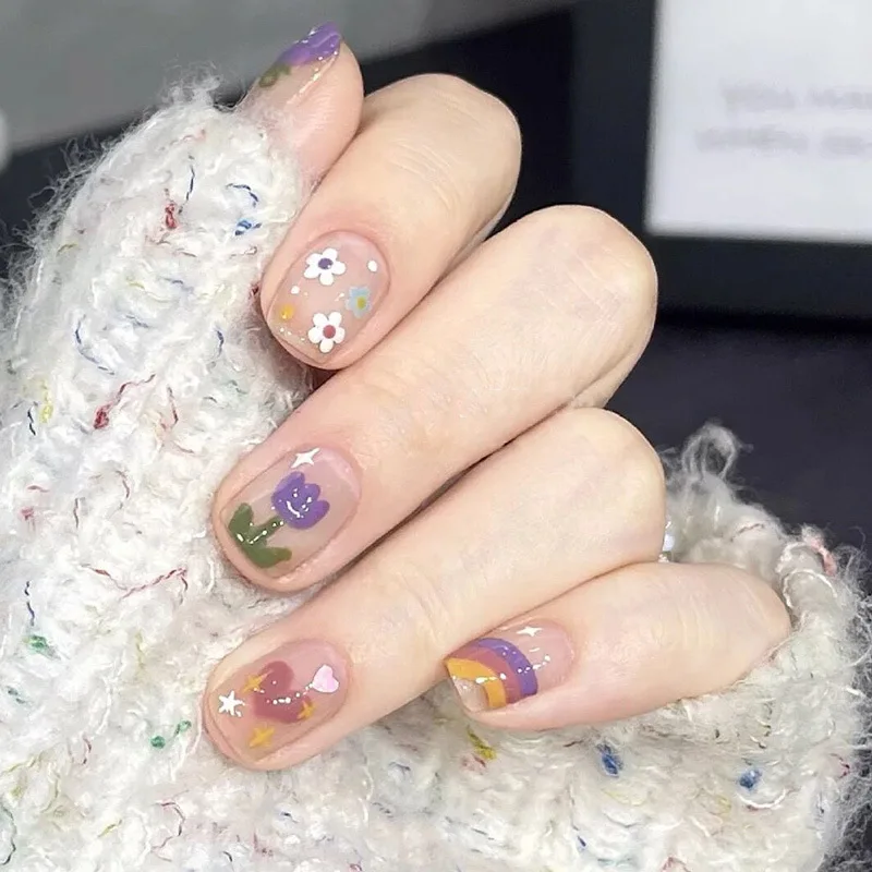 Qinice 24Pcs/Set Milkshake Diamond Lattice Wearing False Nails Tips Fall Winter Adhesive Fake Nails Removable French Press on Nail Art