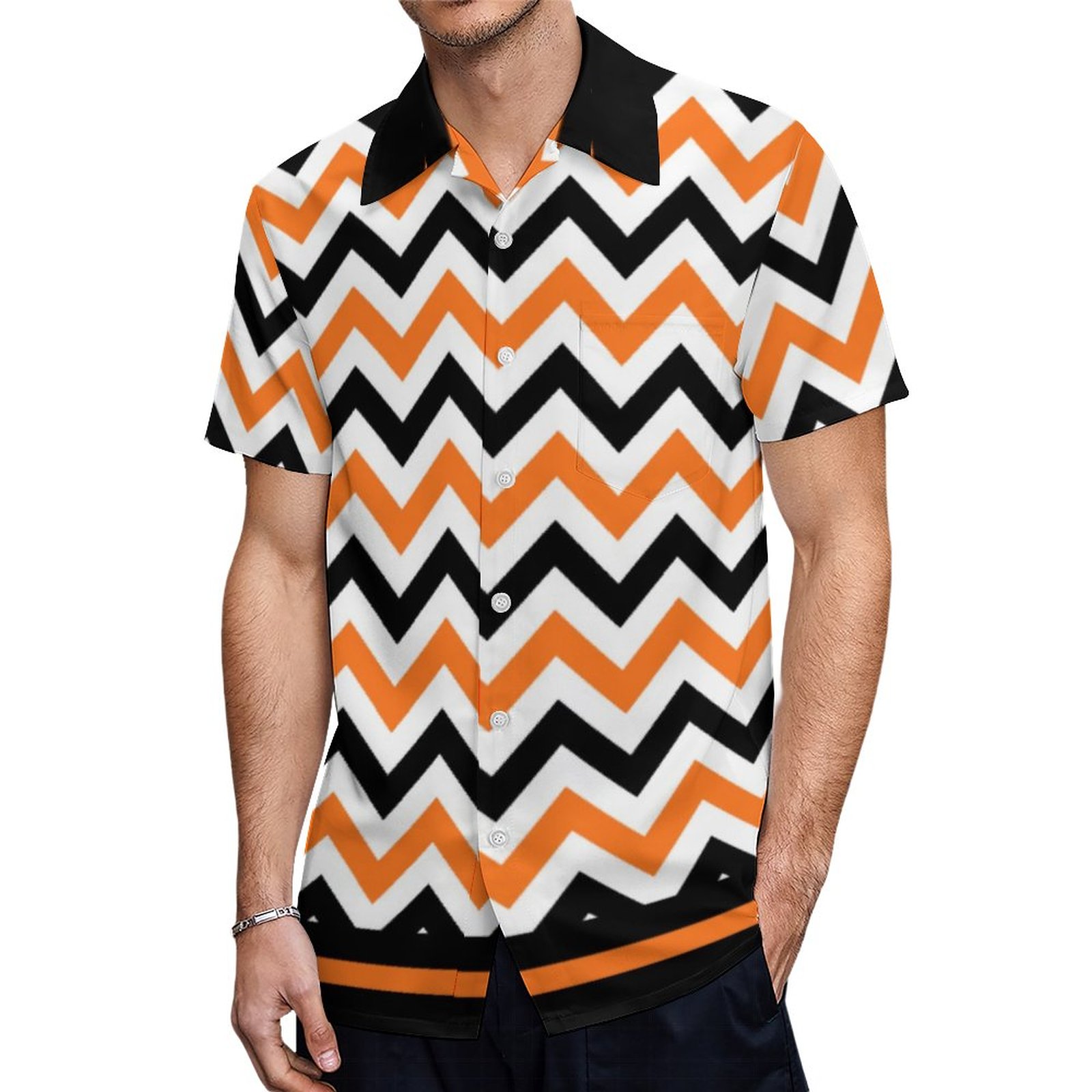 Cute Halloween Black Orange Chevron Hawaiian Shirt Mens Button Down Plus Size Tropical Hawaii Beach Shirts