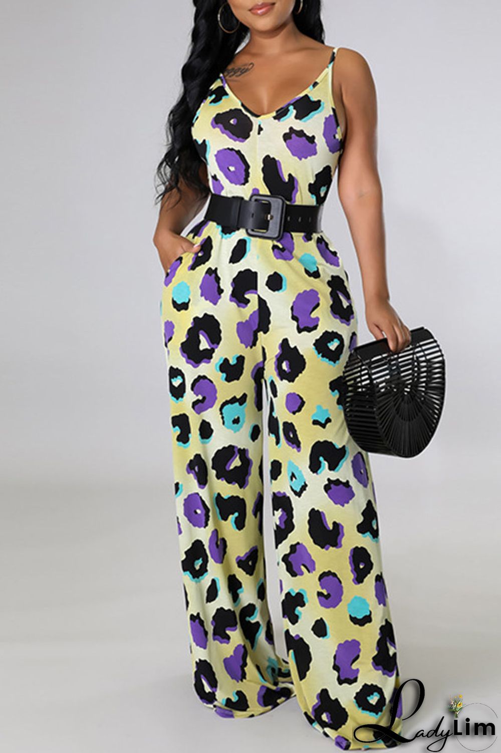 Blue Casual Print Split Joint Spaghetti Strap Straight Jumpsuits
